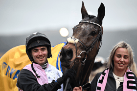 Jockey Darragh O'Keeffe celebrates with Heart Wood after winning the Ryanair Chase at the Cheltenham Racing Festival. Picture: David Fitzgerald/Sportsfile