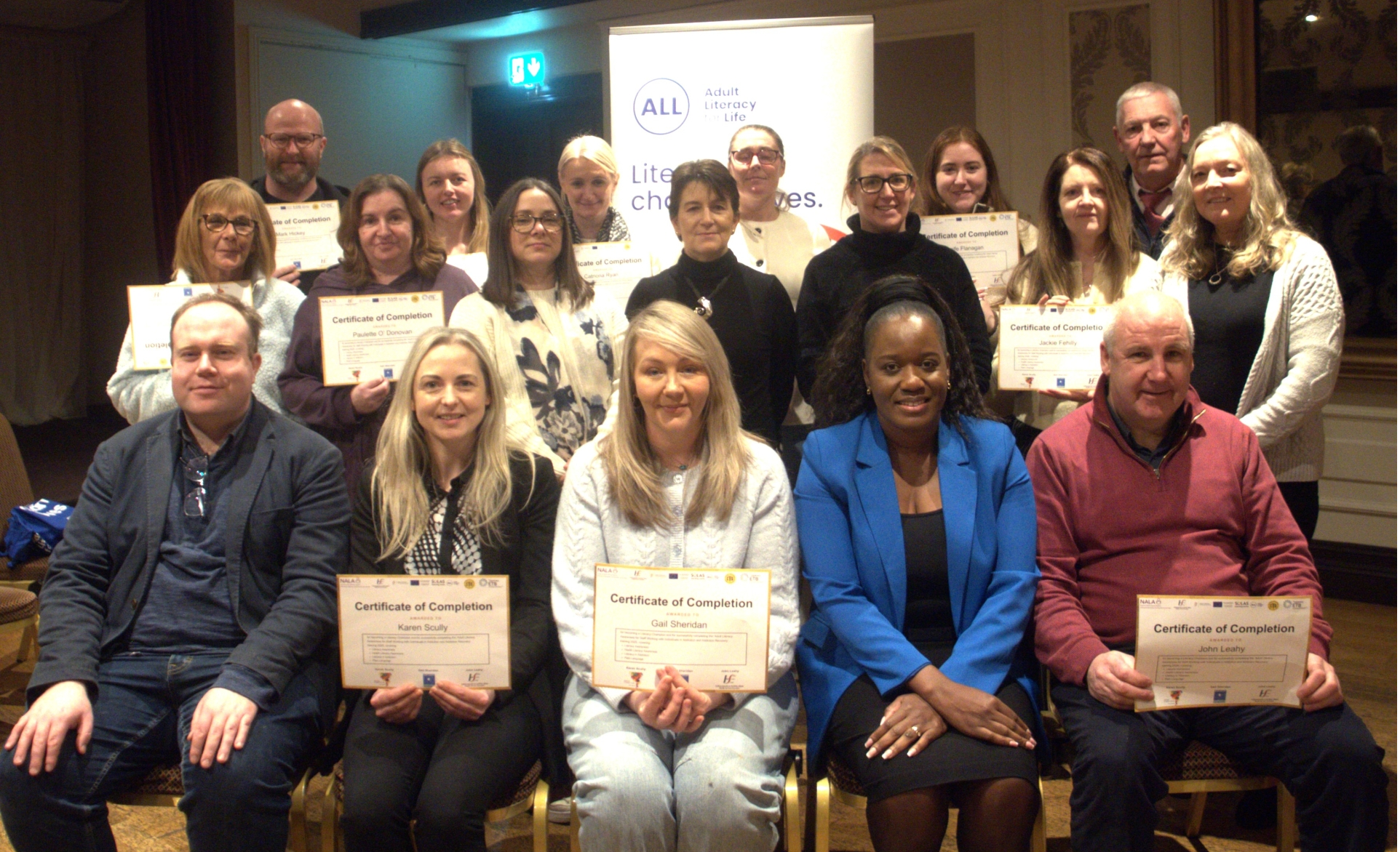 Recipients of certificates for completing the  Adult Literacy Awareness Training for Staff Working with Individuals in Addiction and Addiction Recovery Services  at the Carraig Hotel in Carrick