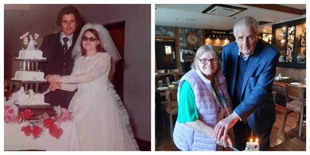 Micky and Mary (LEFT) pictured on their wedding day 50 years ago and the happy couple (RIGHT) pictured celebrating their 50th wedding anniversary recently.