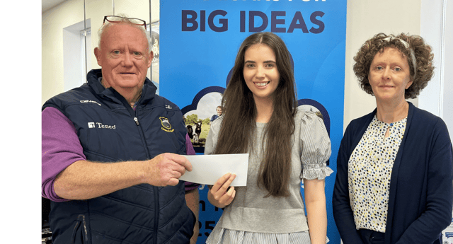 to R Conor English, Chairperson Cahir CU, Maeve O’ Donnell, Bursary Draw winner & Lillian Quilty, Cahir Credit Union.
