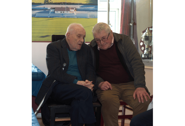 Paddy Finucane (left) chatting to long time friend Patrick Wells during his 90th birthday party in St. Molleran's GAA Club House on October 19