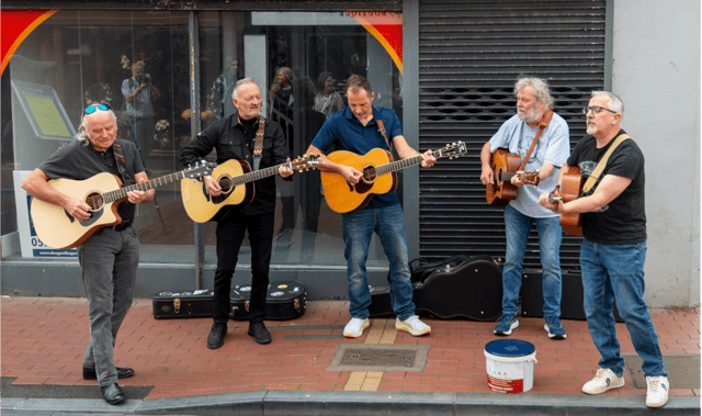 Sean Feary, Billy O’Dwyer, Eelco Bekcers, Ken Horne and Andy Bell performing on Mitchell Street in Clonmel during the Clonmel Busking Festival. Picture Michael Boland