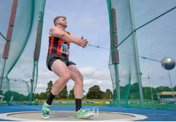 Seán Mockler throwing his way to his fifth consecutive All Ireland Hammer title at the National T & F in Morton stadium Dublin on Sunday Aug 3rd