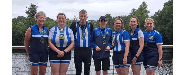 Clonmel winners of the Masters Women’s 4x, 2x, 1x and Men’s 1x at Fermoy. From left, Nell McCarthy, Roseanne Phelan, Paul Nugent, Conor Slattery, Michelle O’Halloran, Ruth Hennessy and Sandra Wall