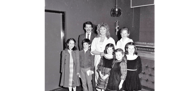 Vincent Hanley, Twink and local children at the Collins Hall, Clonmel in 1983