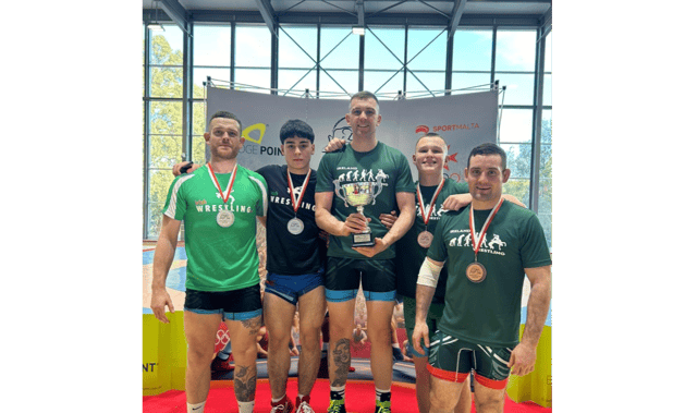 Colin Meagher, Benas Whelan, Alex Connolly, Aaron McCormack and Rubik Grigoryan with the second place team trophy that they won in Malta