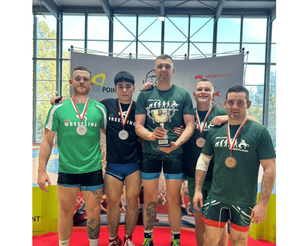 Colin Meagher, Benas Whelan,  Alex Connolly, Aaron McCormack and Rubik Grigoryan with the second place team trophy that they won in Malta