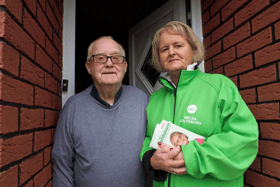 Cllr Imelda Golsboro meets with Paddy Tobin while canvassing in The Commons during the election campaign. Pic. Anne Marie Magorrian