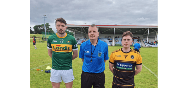 Captains Jack Kennedy, Clonmel Commercials (left) and Tommy Lowry, Arravale Rovers, with referee Jonathan Cullen