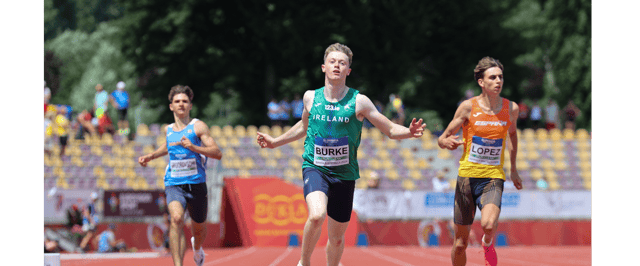Joe Burke (centre) broke the Irish Under 18 200 metres record when winning the European bronze medal