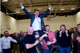 A delighted Cllr David Dunne is hoisted on the shoulders of supporters following his re-election to Tipperary County Council on the first count last Saturday night. Picture: Eamonn McGee