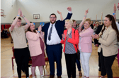 Fine Gael Cllr Mark Fitzgerald (centre) celebrates his re-election. Photo: Eamonn McGee
