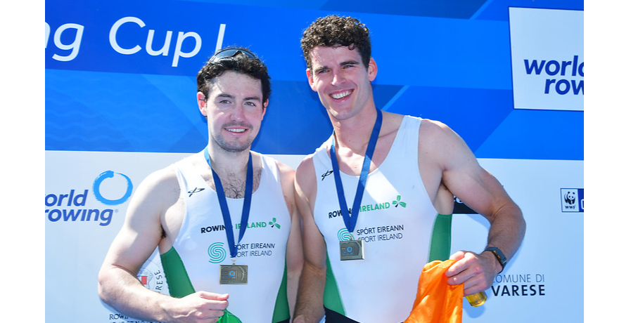 Daire Lynch (left) and Philip Doyle, who won bronze medals in the Men's Pair at rowing's World Cup at Lago di Varese, Italy. Picture courtesy of Rowing Ireland