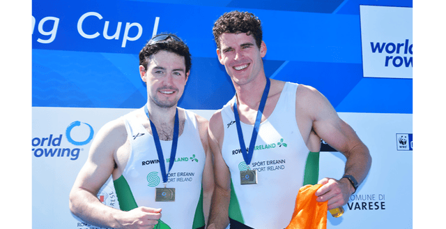 Daire Lynch (left) and Philip Doyle, who won bronze medals in the Men's Pair at rowing's World Cup at Lago di Varese, Italy. Picture courtesy of Rowing Ireland