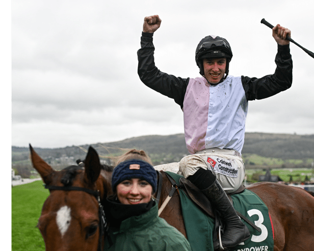 Jockey Jack Kennedy celebrates aboard Teahupoo after winning the Paddy Power Stayers' Hurdle at the Cheltenham Festival. Picture: David Fitzgerald/Sportsfile