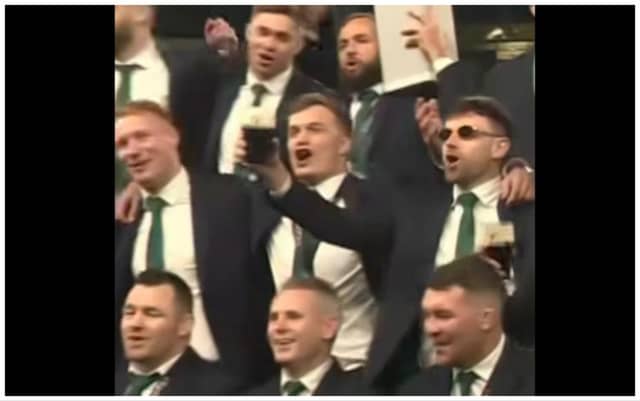 Irish players including Jack Crowley, Jamison Gibson-Park, Ciarán Frawley, Josh Van De Flier, Hugo Keenan, Cian Healy and Peter O'Mahony enjoy the celebrations | PICTURE: Instagram/BBCSportNI