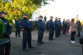 Members of the Garda Public Order Unit line the entrance to Racket Hall Hotel in Roscrea. Photo: PJ Wright