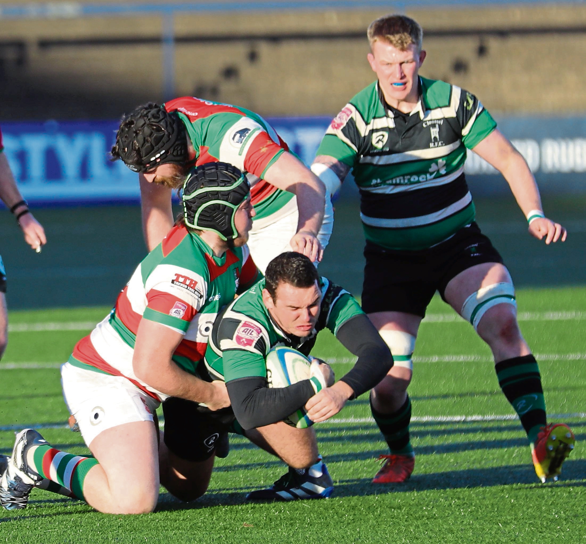 File photo: Alex Sheehan (with ball) and team captain Diarmuid Devaney gave good performances for Clonmel in Omagh on Saturday last in the AIL Division 2C clash between the sides.