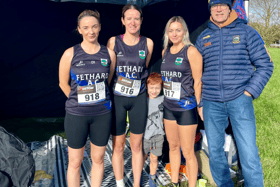 The Fethard AC Women’s team who ran in  the  County Tipperary Novice B Cross Country Championships  last Sunday.: Paula Hendriksen, Carol Molloy and Marie Carroll. On right is head coach John Laste