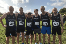 The  Fethard team who won their first County Club Novice Cross Country title. From left:   John Hurley, John Needham, Fintan Rice, Emmet McNamara, James Maher and Louis Rice.