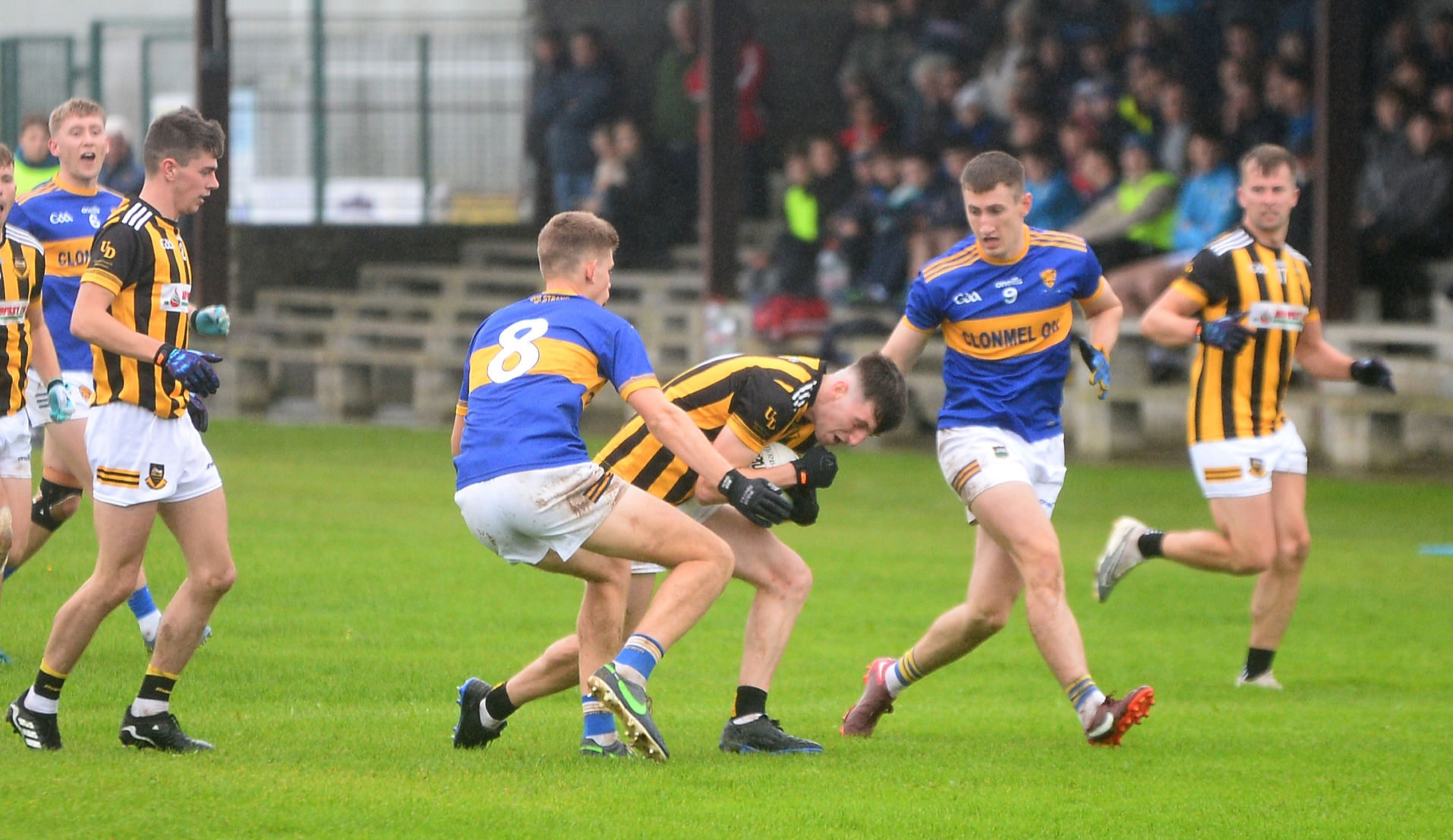 Keith Ryan, Upperchurch/Drombane, is tackled by Michael Freaney, Kilsheelan/Kilcash. Picture: Michael Boland