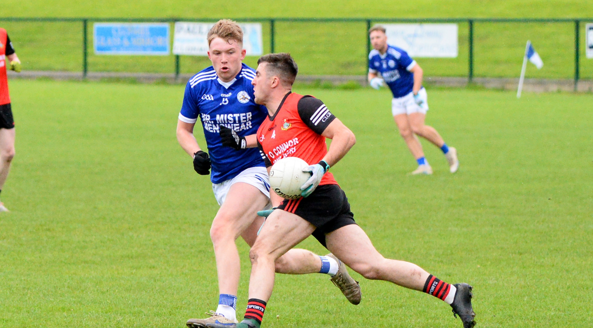 Ballyporeen's Noel Vaughan is confronted by Joseph Lawrence, Rockwell Rovers, as he brings the ball out of defence. Picture: Michael Boland