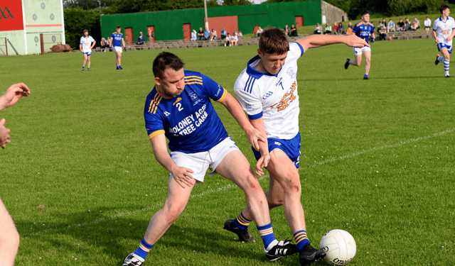 Ballylooby/Castlegrace’s Ger Beary (left) and Cappawhite’s Jack Armshaw in a scrap for possession. Picture: Michael Boland
