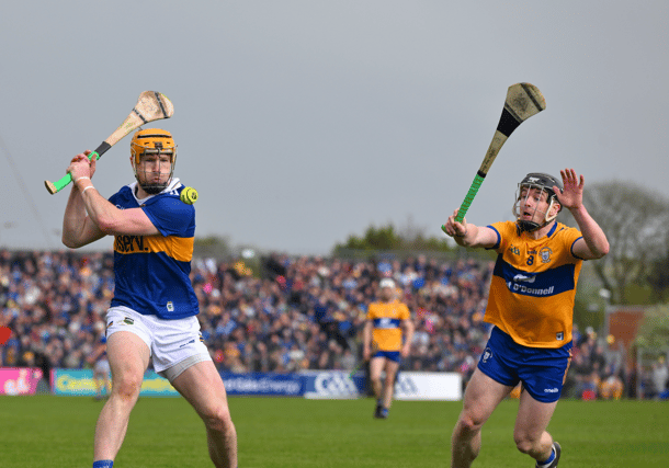 Man of the match Jake Morris takes a shot, with Clare’s Tony Kelly challenging, during Sunday’s game at Cusack Park, Ennis. Picture: Ray McManus/Sportsfile