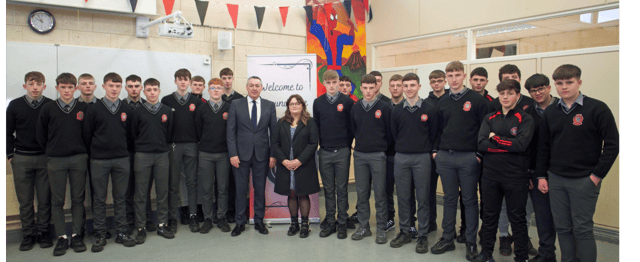 Edmund Rice Secondary School Transition Year students pictured with visiting MEP Billy Kelleher and Chloe Shaw, teacher and coordinator