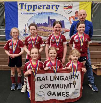 The victorious Ballingarry Girls under 10 indoor soccer team including Ciara Boylan, Saoirse Cahill, Holly Dormus, Hannah Leahy, Jane O’Donnell, Grace O’Gorman and Roisin Rice. With Micheál Maher.