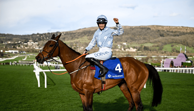 Rachael Blackmore celebrates on Honeysuckle after winning the Close Brothers Mares' Hurdle at Cheltenham. Picture: Harry Murphy/Sportsfile