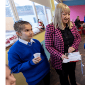 Ukrainian pupils Diana Kucherak, Mariia Rastorhuievaa, Liuda Soloviova and Yelzavela Bratseen chatting with school principal Louise Tobin at St Joseph’s primary school in Tipperary Town. picture: john