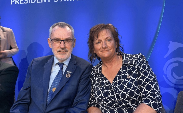 Sandra English with GAA President Larry McCarthy at the ceremony in Croke Park