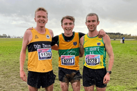 From left: Kevin Moore Dundrum AC (second), Jake O’Regan, St John’s AC (first) and Kenneth Rogers, St John’s AC (third).