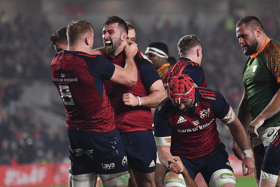 New Inn's Diarmuid Barron celebrates his try for Munster in their 28-14 win over a South Africa XV at Páirc Uí Chaoimh on Thursday night in the first ever game of rugby played at the Cork city venue.