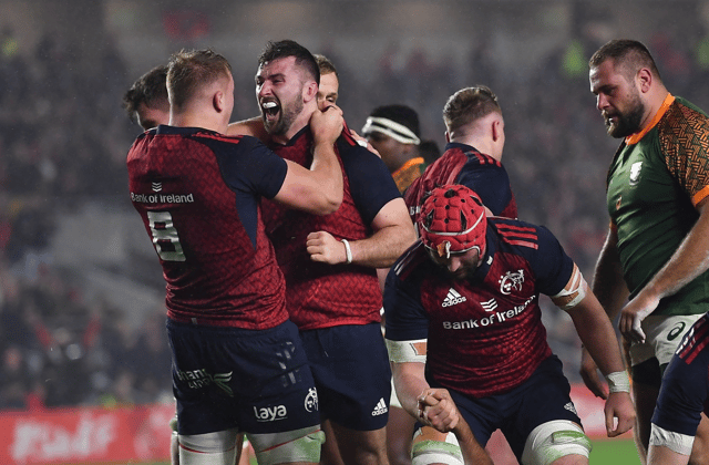New Inn's Diarmuid Barron celebrates his try for Munster in their 28-14 win over a South Africa XV at Páirc Uí Chaoimh on Thursday night in the first ever game of rugby played at the Cork city venue.