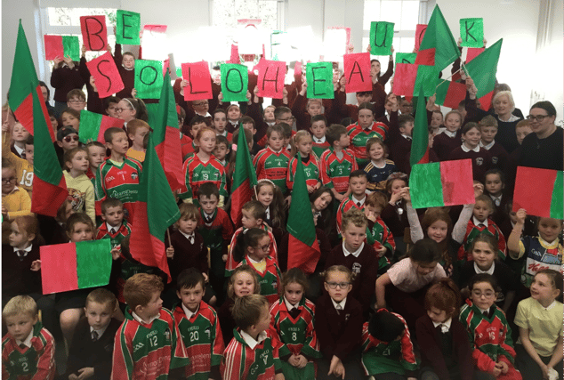 The young boys and girls of Sologhead National School are delighted to get behind the local GAA Club as they prepare for Sunday's County Junior B Hurling Championship Final against Sarsfields.