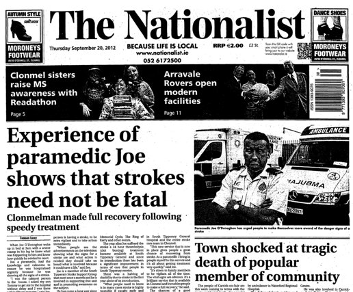 The front page of The Nationalist from September 20, 2012, headlined by a story about Joe O'Donoghue, a proud Limerick man who worked as a paramedic with South Tipperary General Hospital.