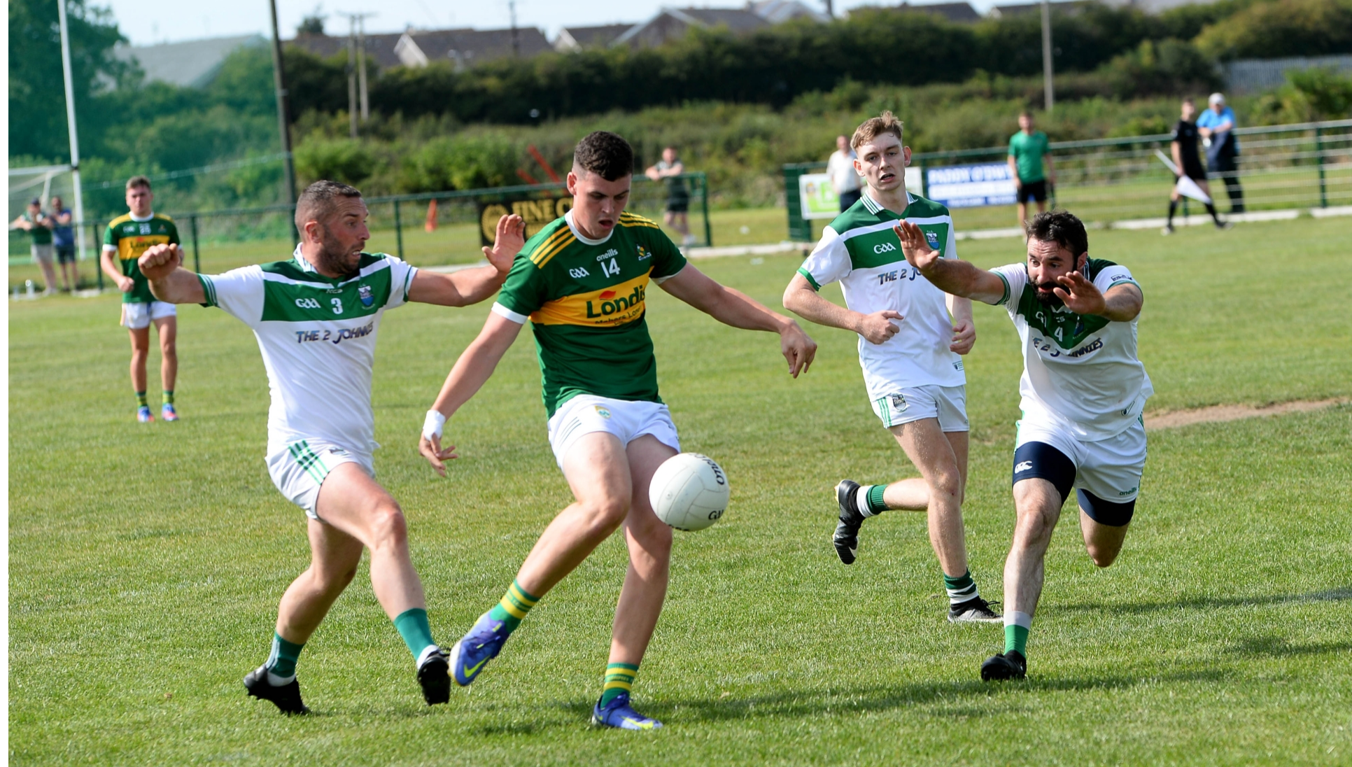 Clonmel Commercials’ full-forward Darragh O'Connor gets his shot off despite the best efforts of Gerard Halley (Cahir) with an attempted block. Pic: Michael Boland