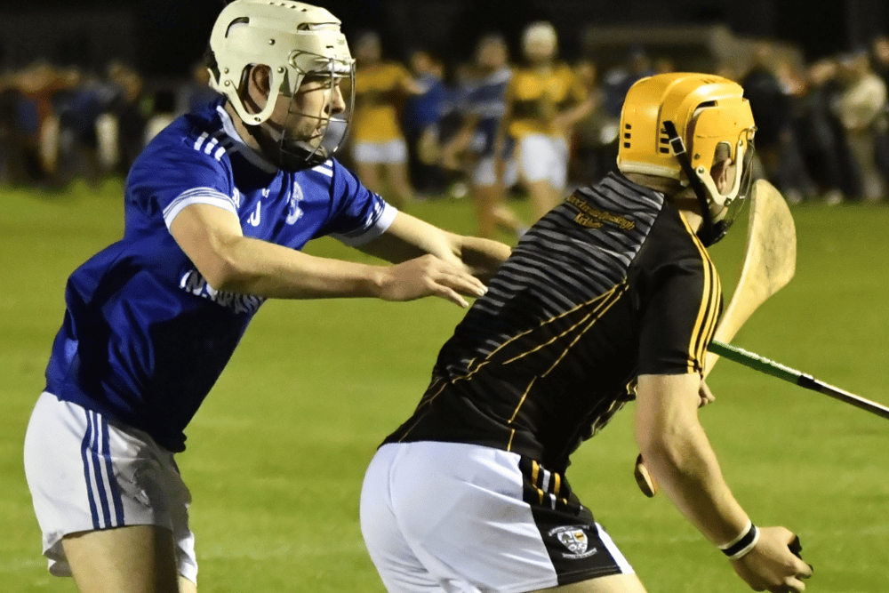 Dean Cagney of St Mary's challenges Knockavilla Donaskeigh Kickhams goalkeeper Jack Breen during last night's county I9 A hurling semi-final at Dr Morris Park, Thurles. Picture: Michael Boland