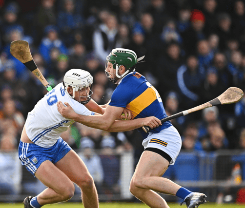 Waterford's Neil Montgomery is tackled by Tipperary's Cathal Barrett during this afternoon's Allianz National League game at Walsh Park. Picture: Eoin Noonan/Sportsfile