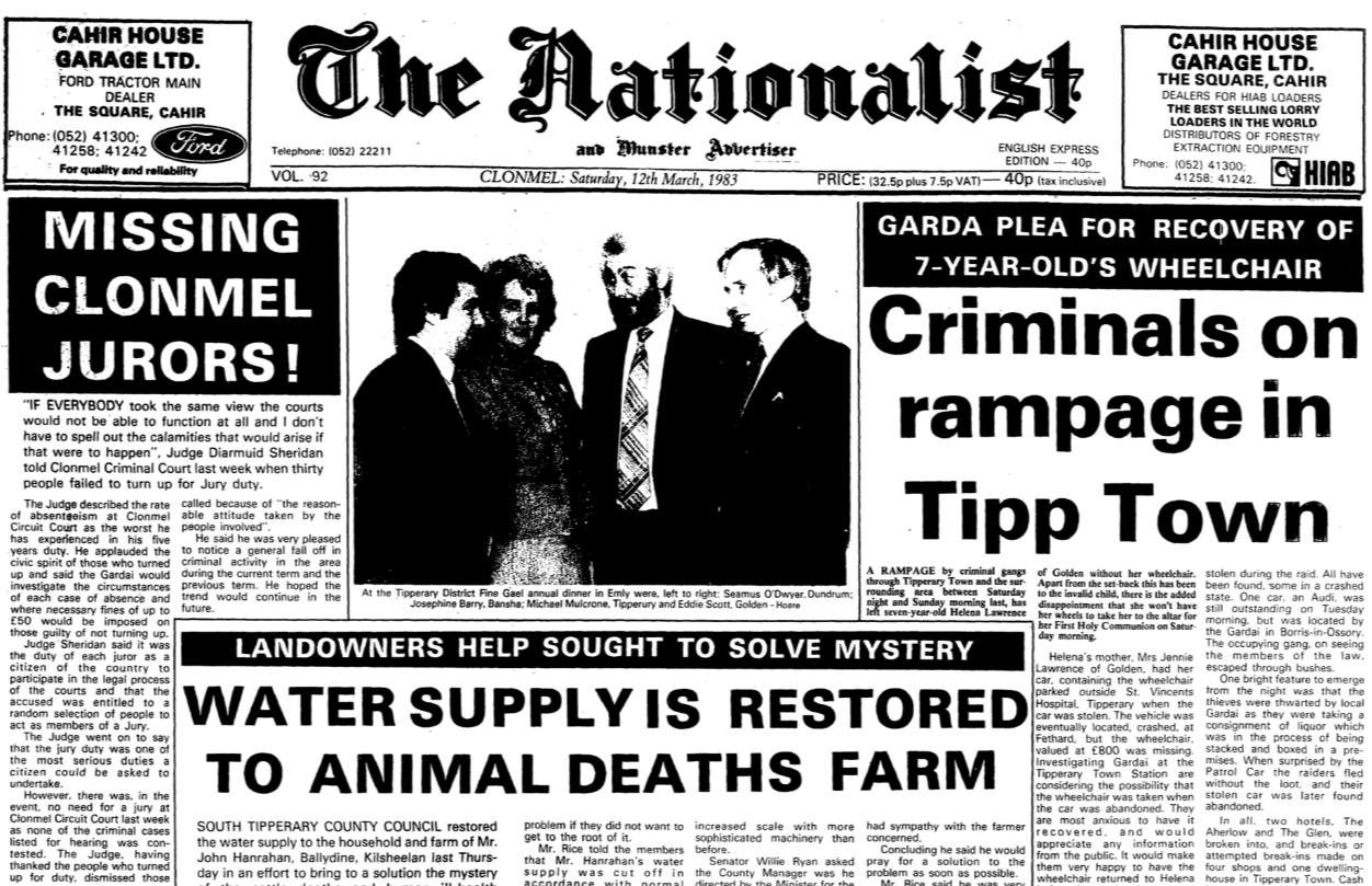 Our front page lead story on March 12, 1983 was headlined “Criminals on rampage in Tipp Town.”