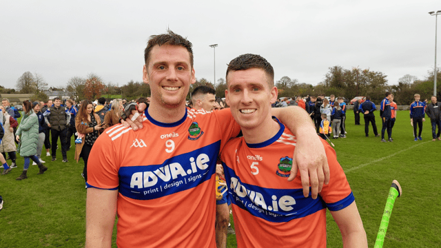 Skeheenarinky's Conor Sweeney and team captain Fionán Ó Súilleabháin celebrate after their magnificent win over Holycross/Ballycahill in today's County Junior A Hurling Final at Golden.