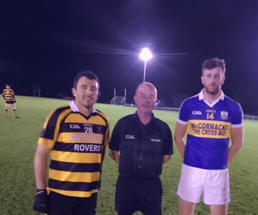 Referee David Grogan with captain Roger O'Connor (Arravale Rovers) and Padraig O'Leary (Sean Treacys) before last Friday night’s semi-final. Pic: John O'Shea