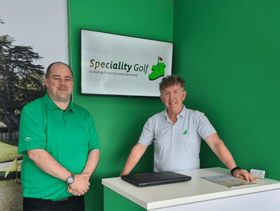 Joe Cruise, Tourism Ireland (left) and Clonmel man Cathal O’Donoghue of Speciality Golf Trips, based in Clonmel, at the BMW PGA Golf Championship at Wentworth