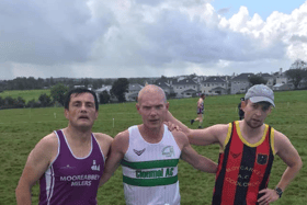 The first three men home in the County Novice Cross Country Championships  at Newport on Sunday last. From left: Kieran Lees Mooreabbey Milers, Paul Minogue Clonmel and Mossie Bracken Moycarkey Coolcr