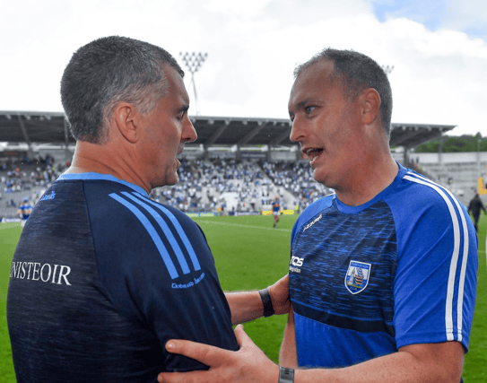 Congratulations and commiserations when the two Liams, Sheedy and Cahill, met at the end of the All-Ireland senior hurling quarter-final between Tipperary and Waterford. Picture: Sportsfile