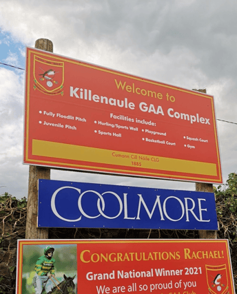 The entrance signs to Killenaule’s GAA complex. It lists the current facilities, which the club hopes to add to through the golf classic fundraiser