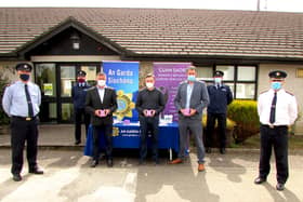 Back: Garda Jenny Gough and Sgt Ray Moloney, Front: Inspector Mark Allen, David Lennane, Zest Pharmacy,  Dermot O’Brien, O’Brien’s Pharmacy, Seamus Kennedy Friary Street Pharmacy and CS Derek Smart