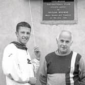 Pictured after the official opening of Coolmoyne Racquetball Alley on July 16, 1998, were: Declan Browne, who unveiled the plaque; Tom Noonan, project coordinator; and Fr. Michael Barry who blessed th